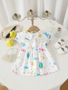 SHEIN Baby Girl Cute Aerospace Space Shuttle Woven Bubble Sleeve Ruffle Collar Dress - Multicolor - View 2