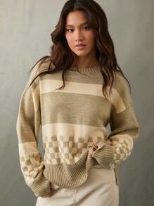 WESTFADE 拼色棋盘格圆领套头针织毛衣