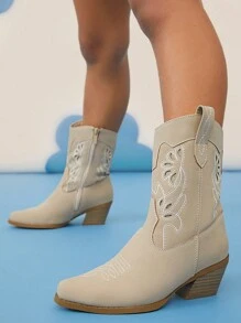 Mini mi Botas vaqueras beige con corte láser para niños, de diseño de media pantorrilla con puntera puntiaguda y tacón apilado para comodidad todo el día, Best Seller - Beis - Ver 4