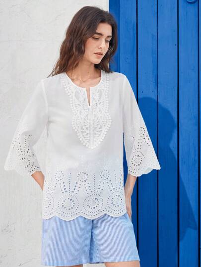 EMERY ROSE Women's Solid Color Contrast Lace Embroidered 3/4 Sleeve Casual Blouse