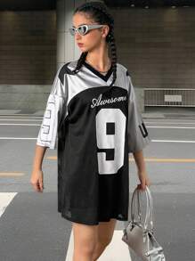 SHEIN Tienermeisjes Zwart Color Block Zilveren Letter & Numerieke Sterrenprint Blauw Sportief Streetwear Casual Contrasterende Kleur Campus T-shirt