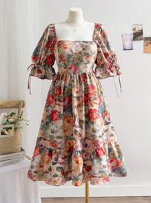 Dreamara 大码女式波西米亚风度假春季方领泡泡袖露背蝴蝶结中长连衣裙，适合夏季 - 彩色 - 查看 1