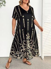SHEIN CURVE+ Women's Plus Size Casual Retro Printed Dress For Summer - Black - View 5
