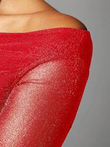 SHEIN BAE Women's Glitter Off Shoulder Fitted Cropped T-Shirt - Red - View 7