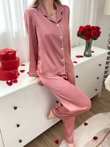 Women's Solid Color Long Sleeve Top & Pants Pajama Set, Casual & Fashionable For Everyday, Vacation