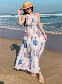 DAZY Damen Neckholder Kleid mit Blume Muster, lässiges Blumenkleid, Urlaubsoutfit, Maxikleid, Kreuzfahrtoutfit für Damen, Cocktailkleid - Verschiedenfarbig - Übersicht 6