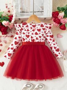 年轻女孩圣诞节优雅红色长袖连衣裙，采用精致的圣诞印花和网眼面料，冬季舒适清凉，包括腰带 - 紅色 - 查看 2