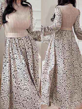 Feyla Women's Patchwork Ditsy Floral Stand Collar Lantern Sleeve Elegant Arabic Style Dress