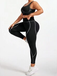 Easithlete 大码女士无缝运动套装 女士健身套装 - 黑與白 - 查看 3