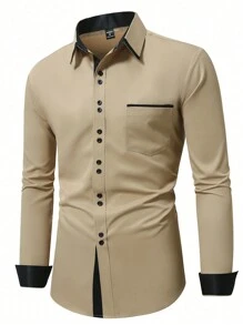 Manfinity Mode Men's Casual Formal Shirt, Simple And Fashionable For Everyday Wear, For Fall, Long Sleeve Top, Ceremony - Khaki - View 4