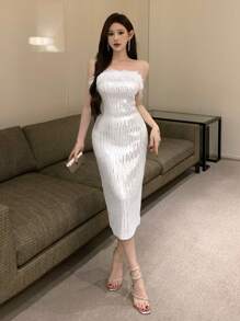 DAZY 女士缀饰毛绒拼接中长鸡尾酒连衣裙，春夏舞会礼服，返校节女士礼服，奢华亮片优雅女士连衣裙，新年晚礼服