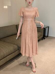 DAZY Sequin Square Neck Ruffle Sleeve Mid-Length Dress For Women Prom Dress Sundress,Formal Women Dresses Luxury Elegant Women Dresses Sparkly Dress - Pink - View 9