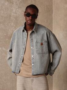 SUMWON Oversized Cropped Denim Shirt Raw Edge Jacket Fall Winter Essential Long Sleeve Streetwear Transitional Workwear Classic Grunge Fashion Statement Piece - Khaki - View 3