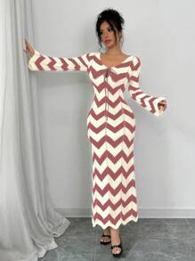 Calvaya Women's Striped Tie-Up Long Sleeve Casual Long Knitted Sweater Dress