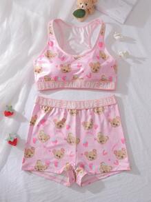 Set de camiseta y calzoncillo con estampado de oso, lindo y dulce, ropa interior para adolescentes niñas - Multicolor - Ver 4