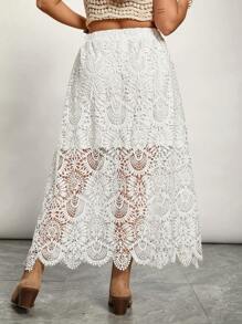 SHEIN VCAY Falda casual de talla grande de unicolor con encaje y dobladillo dividido, adecuada para vacaciones