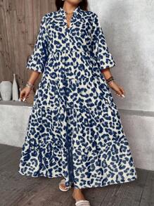 SHEIN LUNE Váy 4 tầng thường ngày họa tiết da báo màu hồng cỡ lớn - Màu xanh hải quân - Xem 6