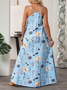 SHEIN LUNE Vacation Casual Floral Print Spaghetti Strap Maxi Denim Dress - Blue - View 6