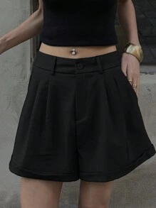 DAZY Women's Solid Color Front Button Pleated Casual Suit Wide Leg Shorts - Black - View 1