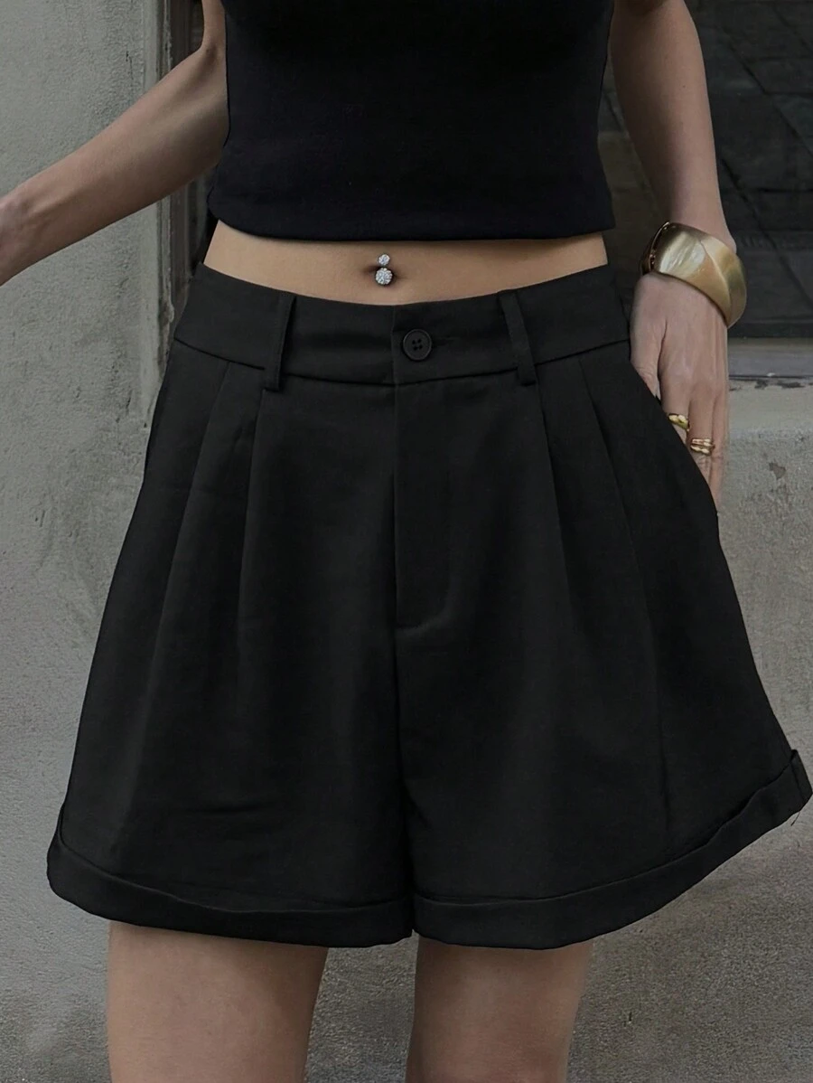 DAZY Women's Solid Color Front Button Pleated Casual Suit Wide Leg Shorts - Black - View 1