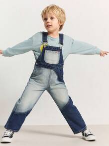 SHEIN Body y mono de mezclilla azul, blanca y naranja con patrón bordado y diseño de parchwork casual para niños pequeños - Azul - Ver 6