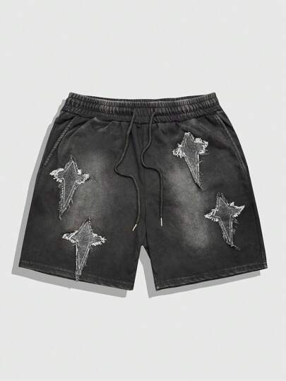 Grunge Punk Men's Drawstring Waist Pentagram Patch Loose Shorts