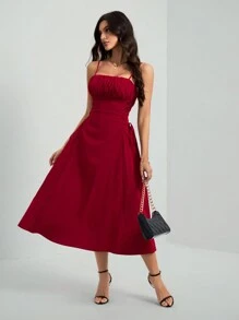 SHEIN Tall Red Date Night Long Dress Ruched Bust Lace Up Side Cami Dress - Burgundy - View 4