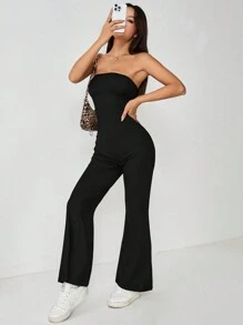 SHEIN PETITE Mono de mujer con falda acampanada de costilla acanalada sin tirantes de unicolor para uso diario - Negro - Ver 3