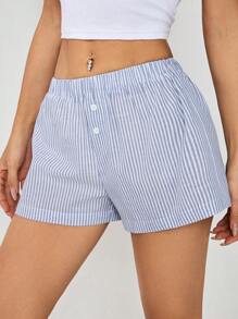 SHEIN PETITE Women's Button-Up Striped Beach Vacation Shorts