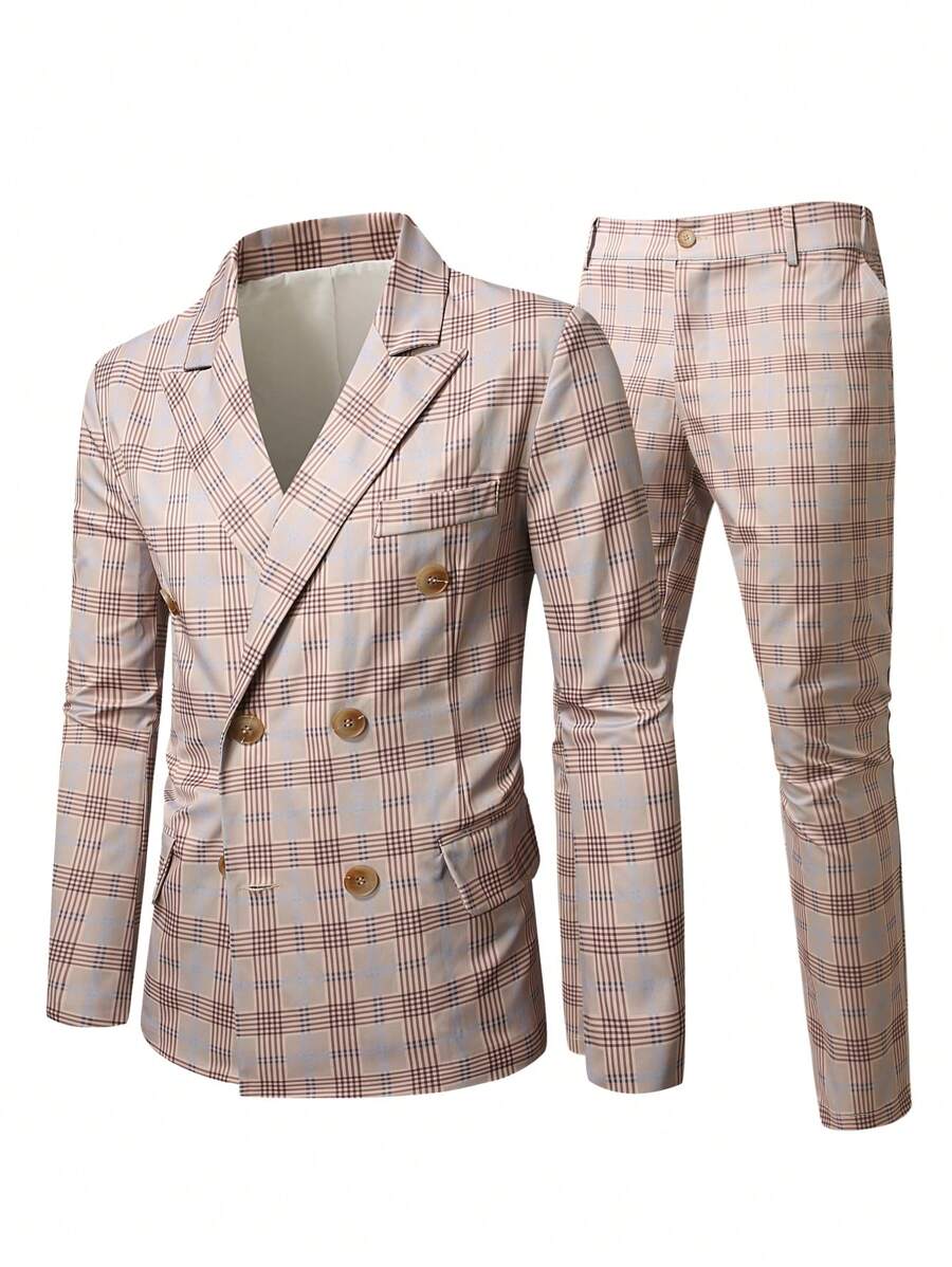 Manfinity Mode Men 2pcs Set: Front Button Long Sleeve Plaid Minimalist Shirt And Trousers Suit - Multicolor - View 1