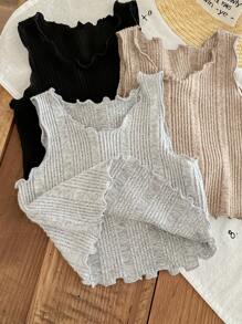 SHEIN LMoss Kids LMoss 女婴 6 件套可爱简约针织纯色无袖波浪下摆上衣和短裤套装