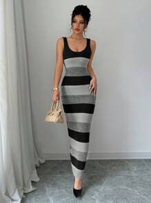 Elenzga Damen gestreiftes gestricktes ärmelloses figurbetontes Kleid