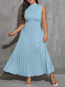 SHEIN Privé 大码女式优雅夏季假日圆领无袖 A 字形褶皱宽松连衣裙，杏色 - 淺藍色 - 查看 5