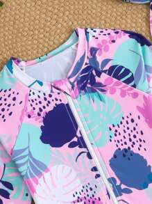 SHEIN Traje de baño de una pieza para niña con estampado aleatorio y gorro de natación