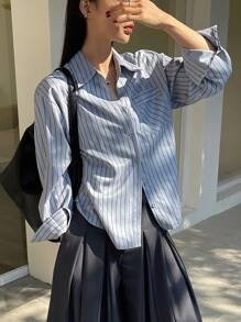 DAZY 条纹落肩宽松口袋女式衬衫长袖上衣