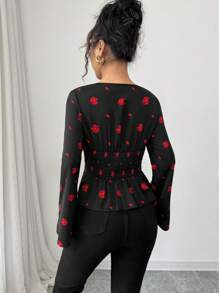 Elenzga Flounce Neck Rose Flower Romantic Blouse For Valentine's Day