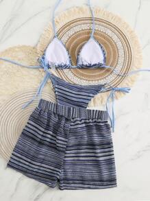 Swim Vcay Summer 3pcs/Set Bohemian Style Bikini Set & Cover Up, Drawstring Bikini Swimming Suit, Beach Outfit - Blue - View 2