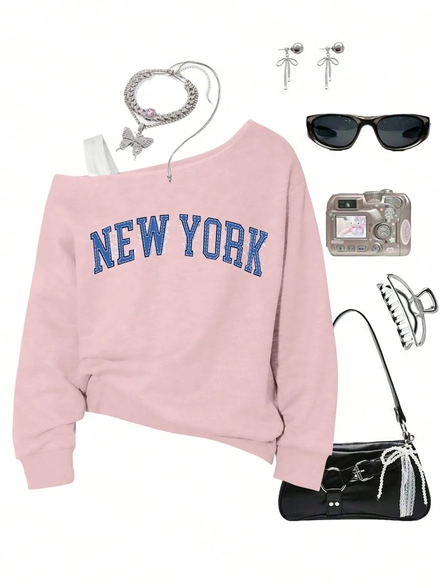 SHEIN Explorewe Tween Girls Shoulder Cut-Out Printed Sweatshirt - Pink - View 1