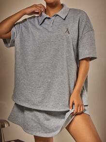 Athîral 2 件套女士休闲前扣短袖上衣和迷你裙套装 - 灰色 - 查看 4