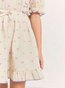 SHEIN 年轻女孩圆点印花弹性腰部撞色边饰喇叭形 A 字短裙 - 米色 - 查看 7