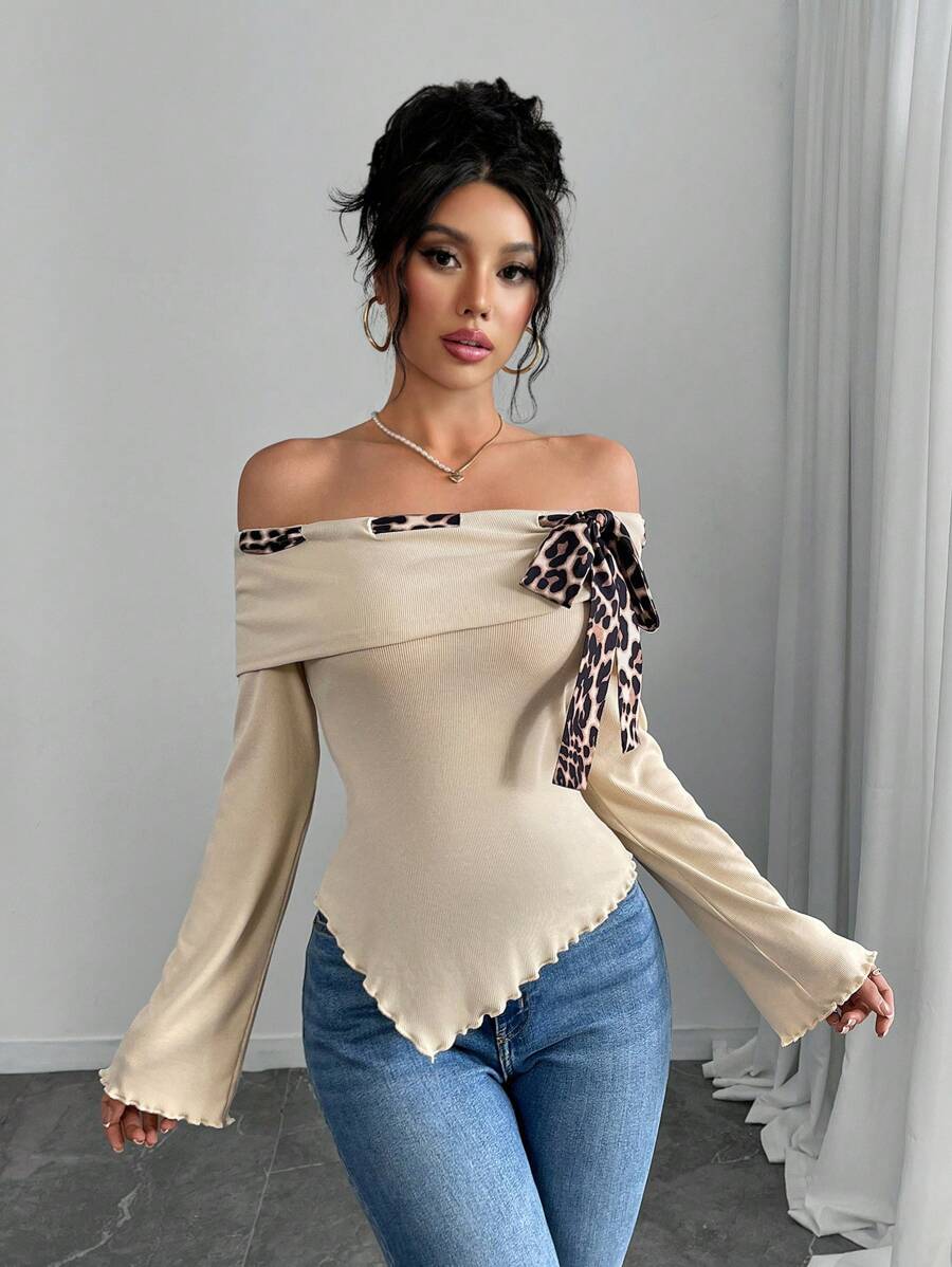 Elenzga Top elegante; camiseta assimétrica plissada de manga comprida bege sólida, outono/primavera; camiseta feminina de malha com ombros de fora e ajuste fino; adequada para encontros - Damasco - Ver 1