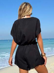 Swim Vcay Summer Outfits For Women 1pc Women's Leisure Vacation V-Neck Tie-Up Elasticated Waist Jumpsuit Romper Summer