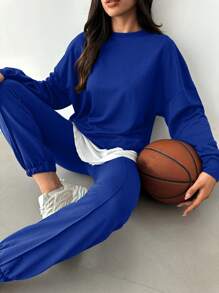 EURMUSE Drop Shoulder 2 In 1 Sweatshirt & Sweatpants - Navy Blue - View 4