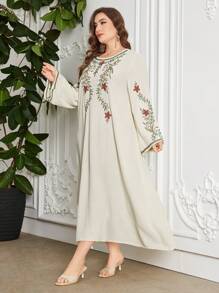 Al Najma Vestido largo casual suelto de manga larga con bordado en estilo árabe, de talla grande, modesto tipo kaftan - Albaricoque - Ver 7