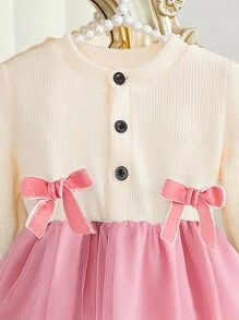 SHEIN Baby Girl Winter Knitted Tulle Dress With Bow Decor - Pink - View 7