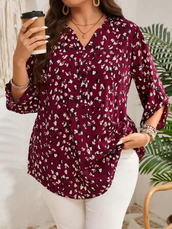 EMERY ROSE Plus Size Women's 3/4 Sleeve Wine Red Floral Print Blouse, Early Spring And Summer Outfits For Women