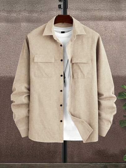 Manfinity Homme Men's Casual Solid Color Utility Long Sleeve Shirt, Autumn