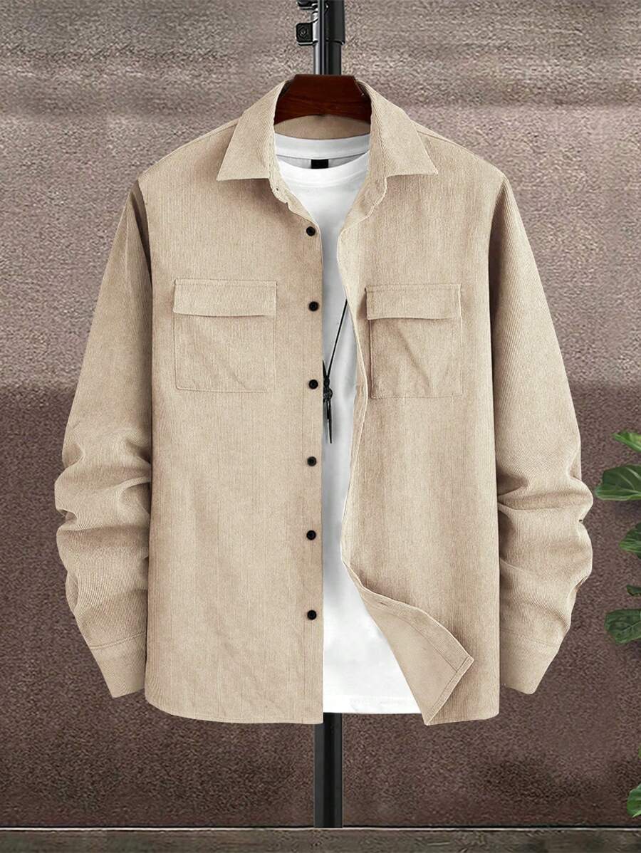 Manfinity Homme Men's Casual Solid Color Utility Long Sleeve Shirt, Autumn, Winter - Khaki - View 1