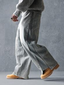 SUMWON 宽松阔腿牛仔裤经典休闲工作服休闲舒适四季日常街头风格都市时尚宽松裤 - 藍色 - 查看 3