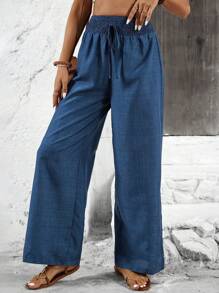 SHEIN Tall Women's Plain Front Tie Casual Loose Fit Long Pants Fall Cloth For Women - Blue - View 5